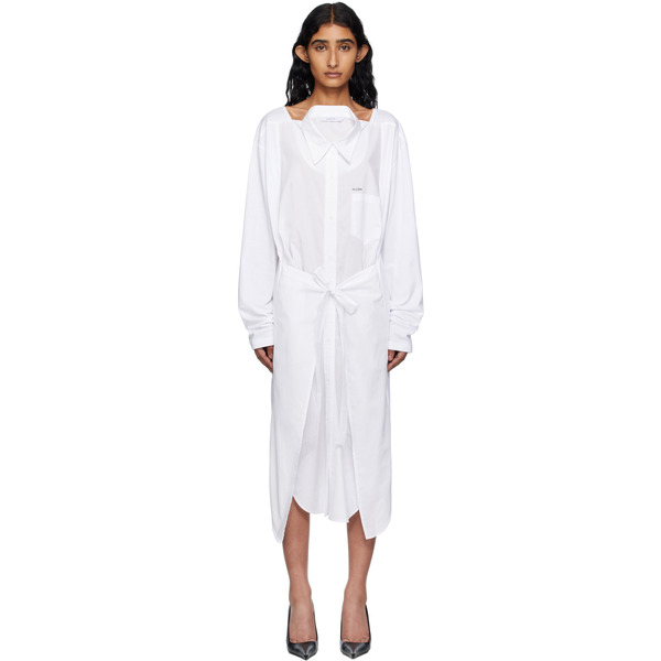  Pushbutton White Movable Collar Wrap Midi Dress 
