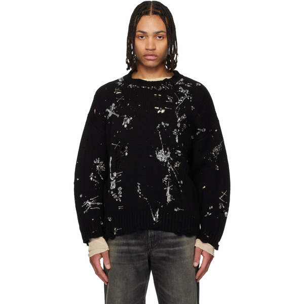  R13 Black Distressed Oversized Crystals & Pins Sweater 