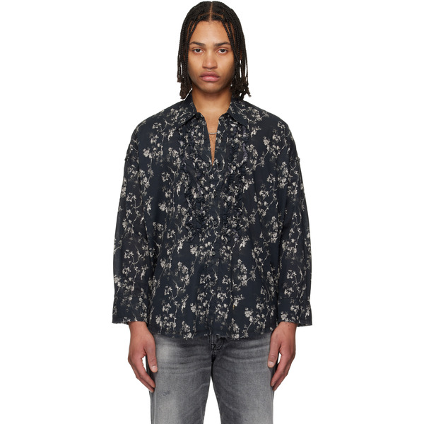  R13 Black Shredded Seam Ruffle Shirt 
