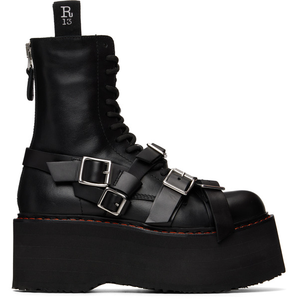  R13 Black Strapped Double Stack Boots 