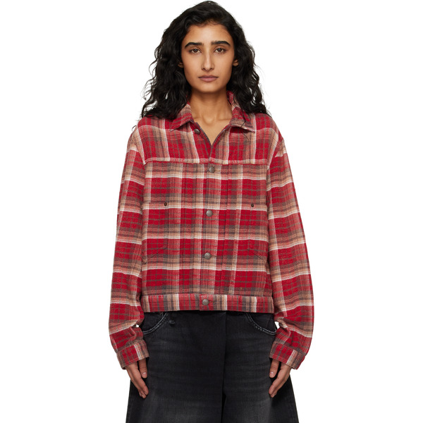 R13 Red Relaxed Pleated Trucker Jacket 