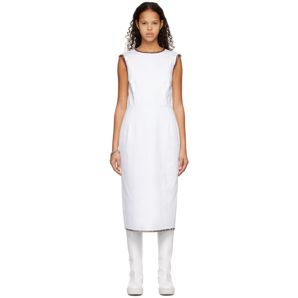  Raf Simons White Distressed Denim Midi Dress 