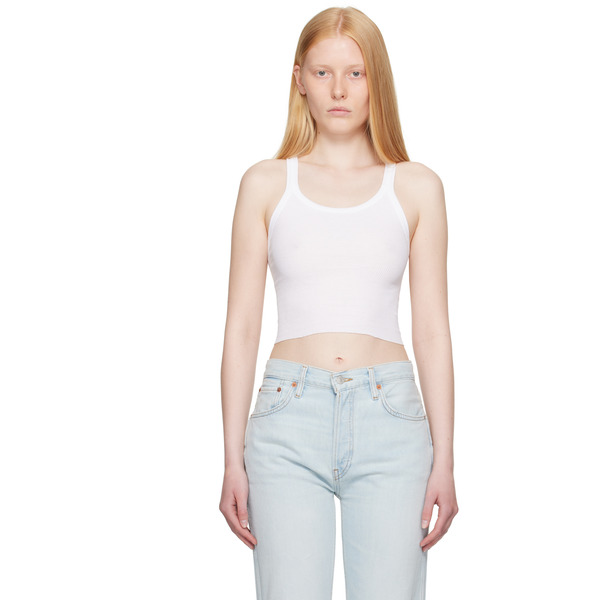  Re/done White Hanes Edition Cropped Ribbed Tank Top 