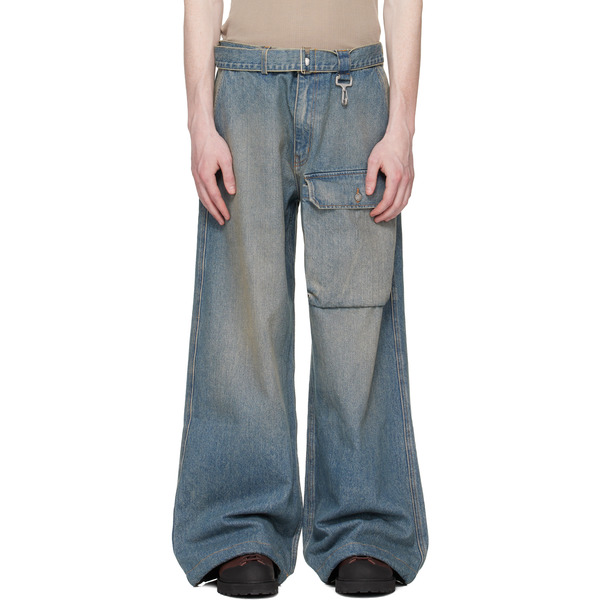  Reese Cooper Blue Washed Denim Patch Pocket Belted Cargo Jeans 