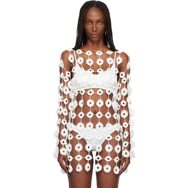  Róisín Pierce White Crochet Floating Florals Knit Blouse 