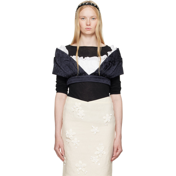  Shushu/tong Navy & White Patchwork Short Blouse 