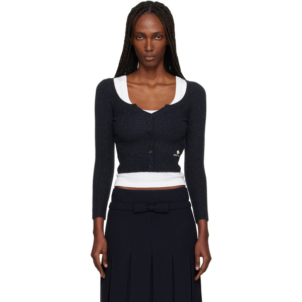  Shushu/tong Navy Wide Round Neck Fitted Cardigan 