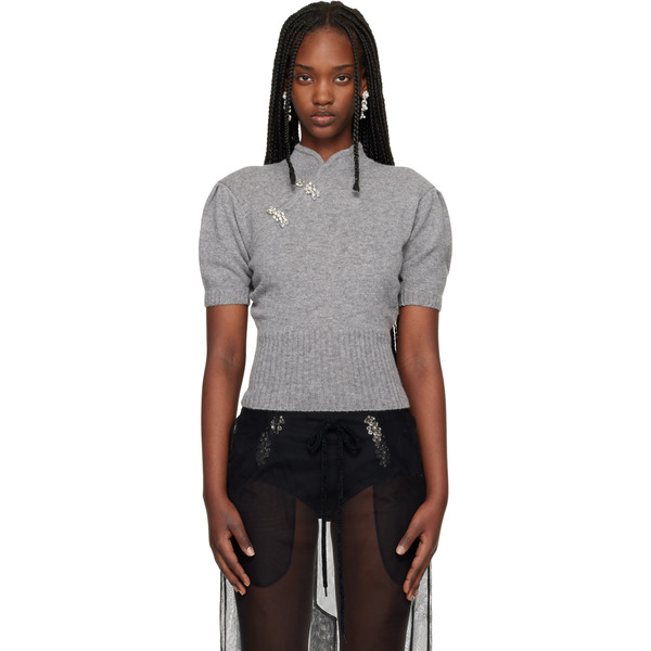  Simone Rocha Gray Embellished Mandarin Collar Cashmere Sweater 