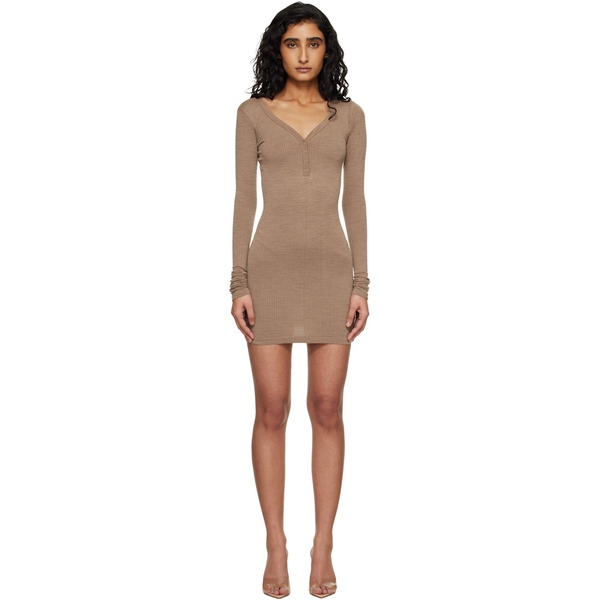  Skims Brown Wool Rib Henley Minidress 