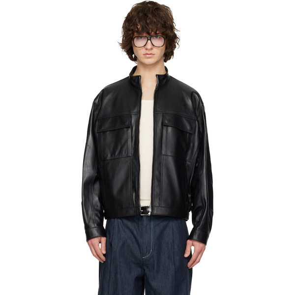  Solid Homme Black High-neck Two-pocket Leather Jacket 