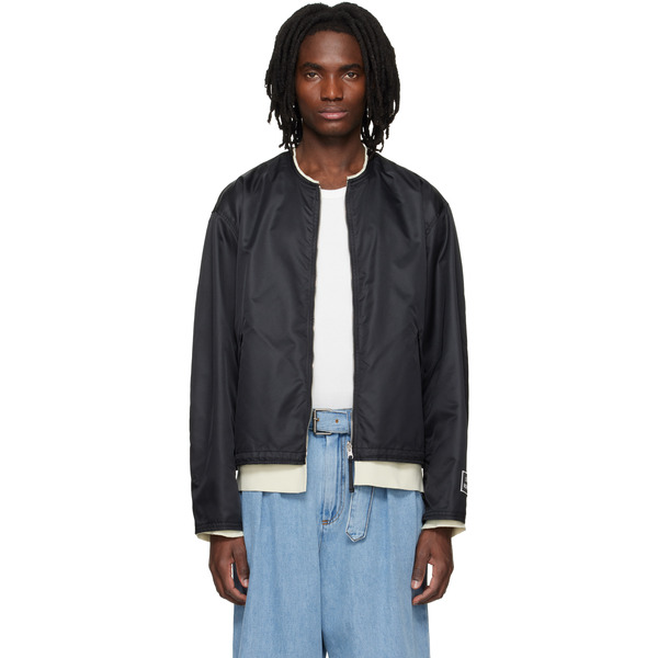  Solid Homme Black Layered Collarless Reversible Bomber Jacket 