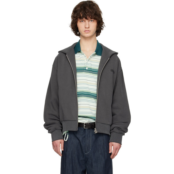  Solid Homme Gray Solid Back Logo Zip-up Hoodie 