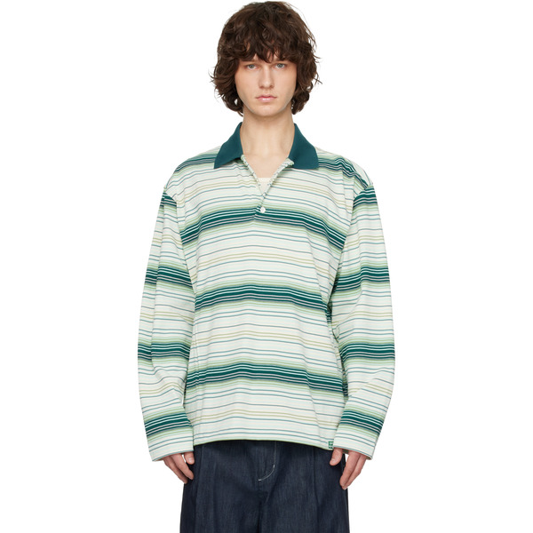  Solid Homme Green Striped Drawstring Collar Neck Long Sleeve Polo 