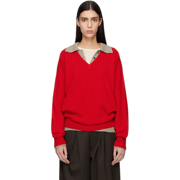  Ssstein Red Pure Cashmere Knit V Neck Ls Sweater 