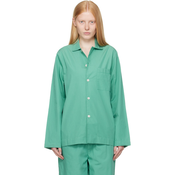  Tekla Green Poplin Long-sleeved Pyjama Shirt 
