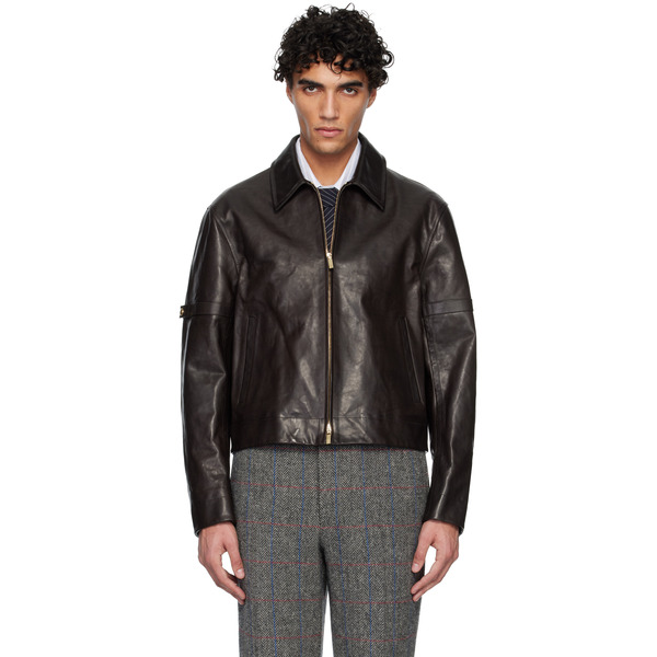  Thom Browne Brown Zip Front Armband Leather Jacket 
