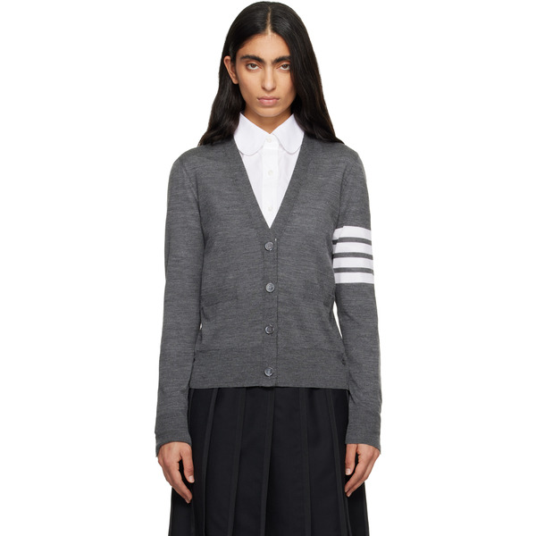  Thom Browne Gray Merino Wool 4-bar Relaxed Fit V-neck Cardigan 