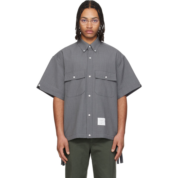  Thom Browne Gray S/s Track Shirt Flap Pockets Wool Shirt 