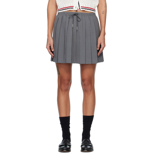  Thom Browne Gray Wool Seersucker Drawstring Pleated Miniskirt 