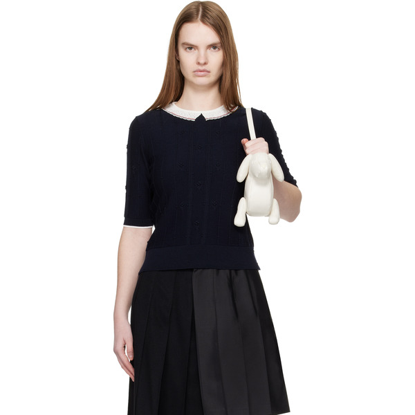  Thom Browne Navy Bobble Stitch Short Sleeve Sweater 