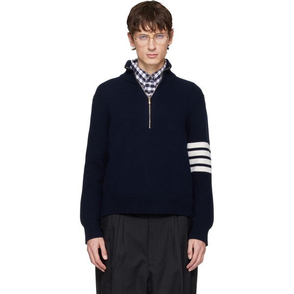  Thom Browne Navy Merino Wool 4-bar Funnel Neck Sweater 