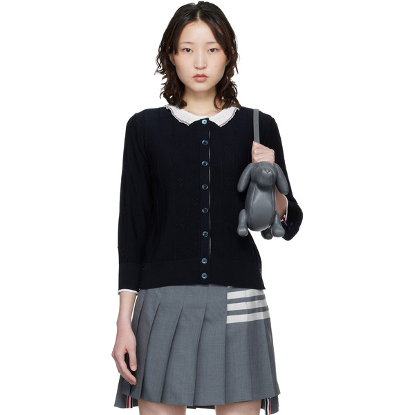  Thom Browne Navy Merino Wool Bobble Stitch Lace Trim Cardigan 