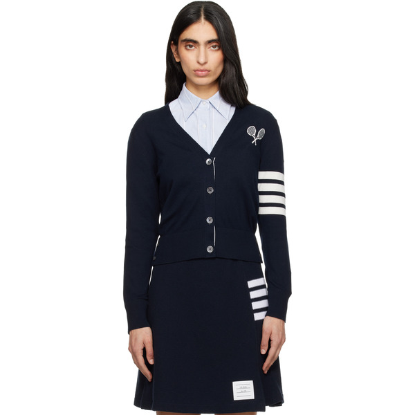  Thom Browne Navy Tennis Racquets 4-bar Cotton V-neck Cardigan 