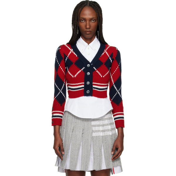  Thom Browne Red Argyle Intarsia Merino Wool Shrunken Cardigan 
