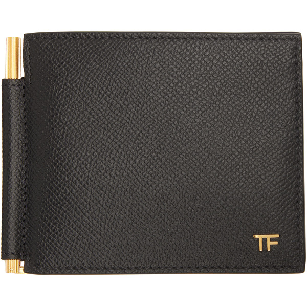  Tom Ford Black Small Grain Leather T Line Money Clip Wallet 