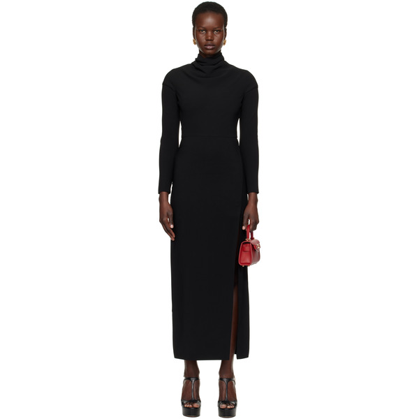  Versace Black Cady Draped-neck Slit Maxi Dress 