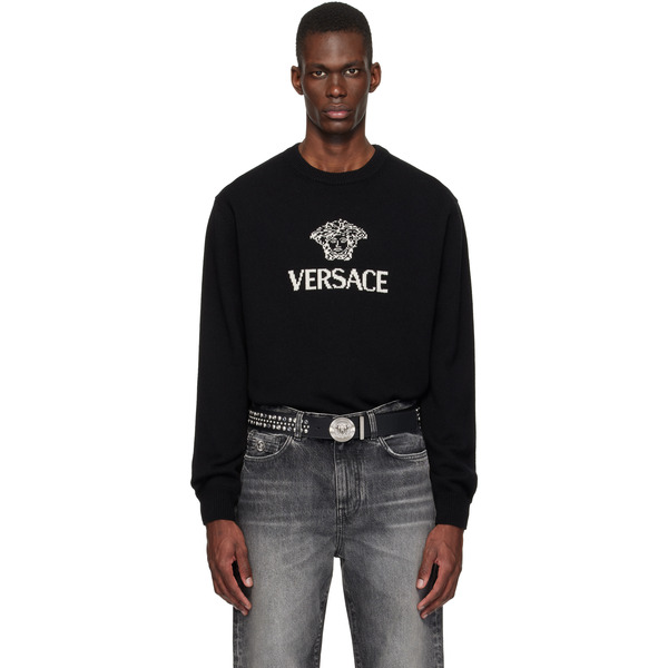  Versace Black Intarsia Cashmere Knit Sweater 