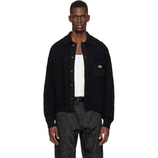 Versace Black Mixed-stitch Wool Knit Cardigan 
