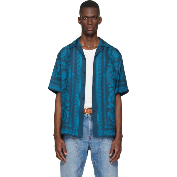  Versace Blue Barocco Silk Shirt 