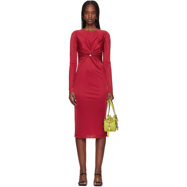  Versace Red Safety Pin Gathered Fitted Midi Dress 