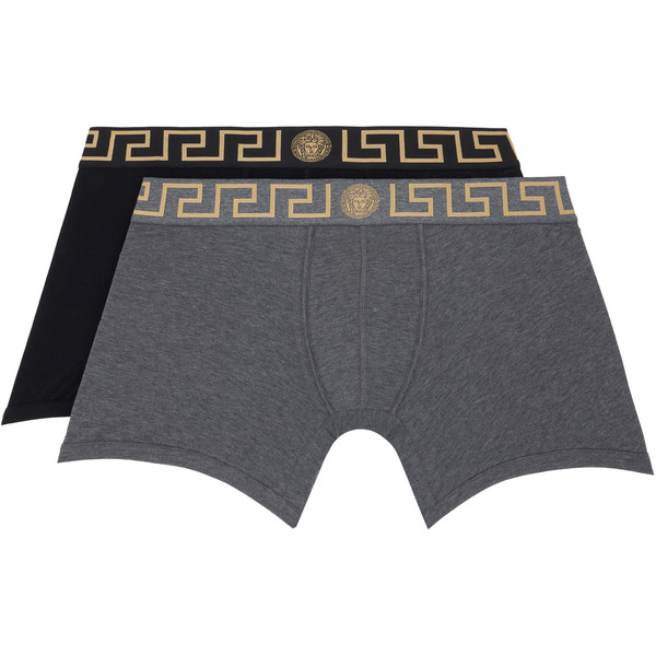  Versace Two-pack Black & Gray Greca Border Long Boxer Briefs 