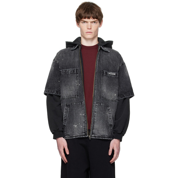  We11done Black Faded Layered Hoodie Denim Jacket 