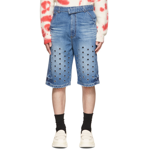  We11done Blue Denim Cut-out Shorts 