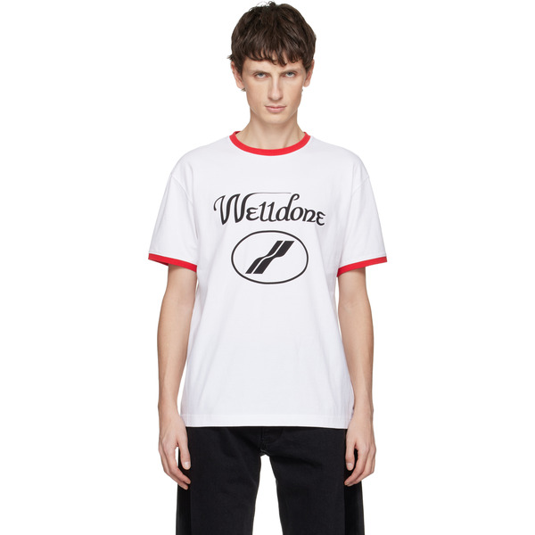  We11done White Cursive Logo Fitted Ringer T-shirt 