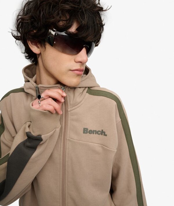  Bench X Superdry & Co Men's Bench Double Zip Hooded Stripe Sweatshirt Beige / Dune/ Beluga Charcoal/ Olive Night   Size: L 