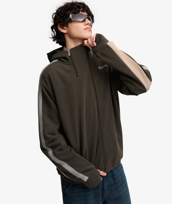  Bench X Superdry & Co Men's Bench Double Zip Hooded Stripe Sweatshirt Brown / Black Olive/ Dune/ Moonmist   Size: Xxl 
