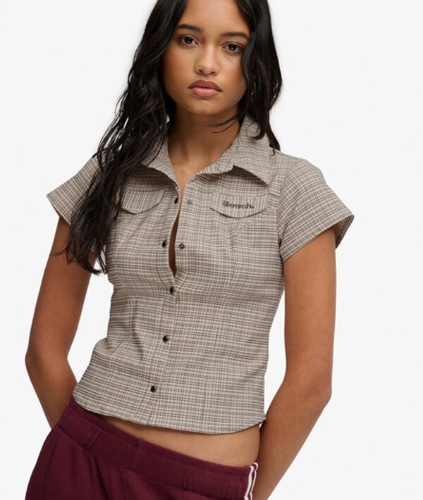  Bench X Superdry & Co Women's Bench Fitted Check Short Sleeve Shirt Beige / Light Moody Check/ardwick Green   Size: Xl 