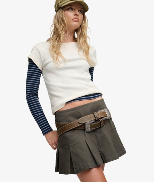  Bench X Superdry & Co Women's Bench Logo Pleated Twill Mini Skirt Green / Black Olive/ Dune   Size: L 