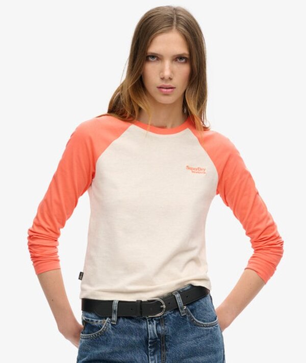  Superdry & Co Ladies Slim Fit Colour Block Essential Logo Long Sleeve Baseball Top, Coral And Beige, Size: 12 