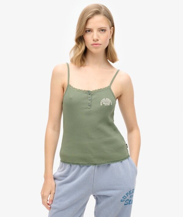  Superdry & Co Ladies Slim Fit Embroidered Logo Athletic Essentials Button Down Cami Top, Khaki, Size: 14 16 