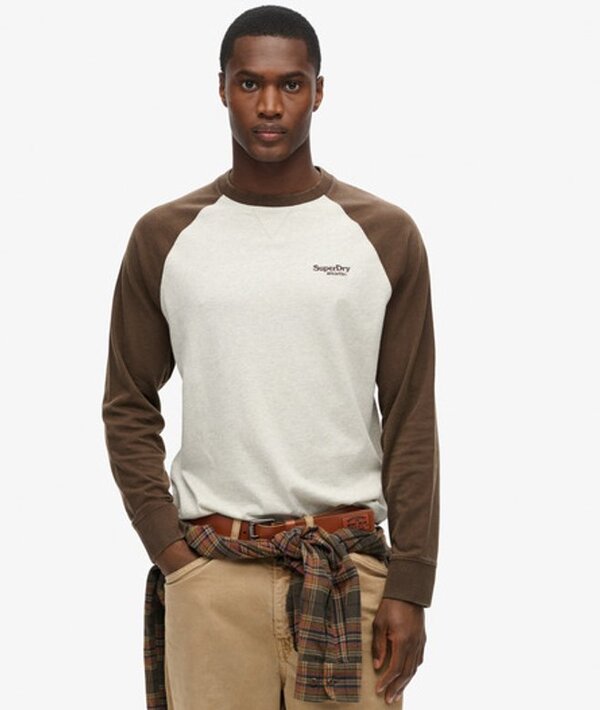  Superdry & Co Men's Essential Logo Baseball Long Sleeve Top Brown / Lightning Grey Grindle/bracken Brown   Size: Xl 