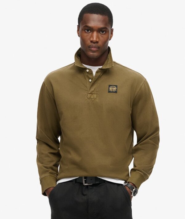  Superdry & Co Men's Men's Classic Embroidered Logo Long Sleeved Contrast Stitch Rugby Shirt, Green, Size: M 