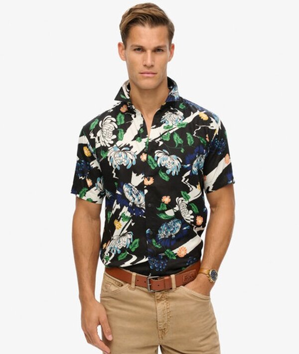  Superdry & Co Men's Mens Classic Floral Print Short Sleeve Hawaiian Shirt, Black, White And Green, Size: L 