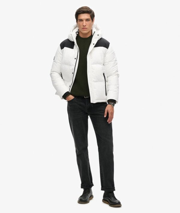  Superdry & Co Men's Men's Fully Lined Quilted Hooded Box Quilt Puffer Jacket, White And Black, Size: M 