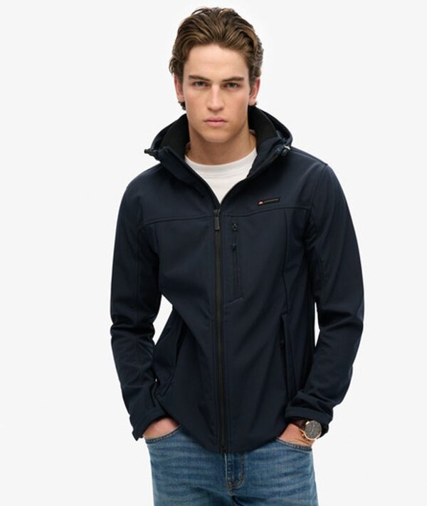  Superdry & Co Men's Men's Lightweight Embroidered Logo Hooded Soft Shell Trekker Jacket, Navy, Size: Xxl 