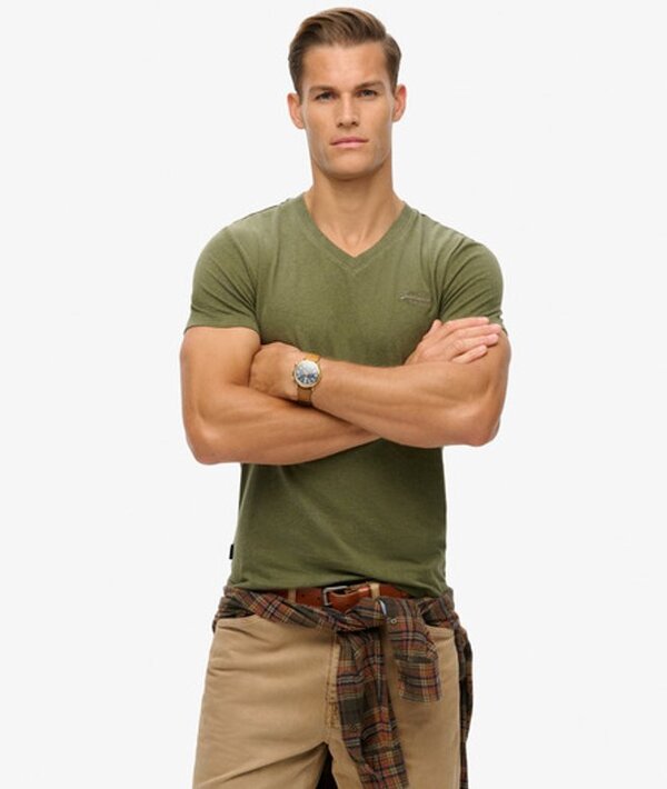  Superdry & Co Men's Organic Cotton Essential Logo V Neck T Shirt Green / Thrift Olive Marl   Size: L 